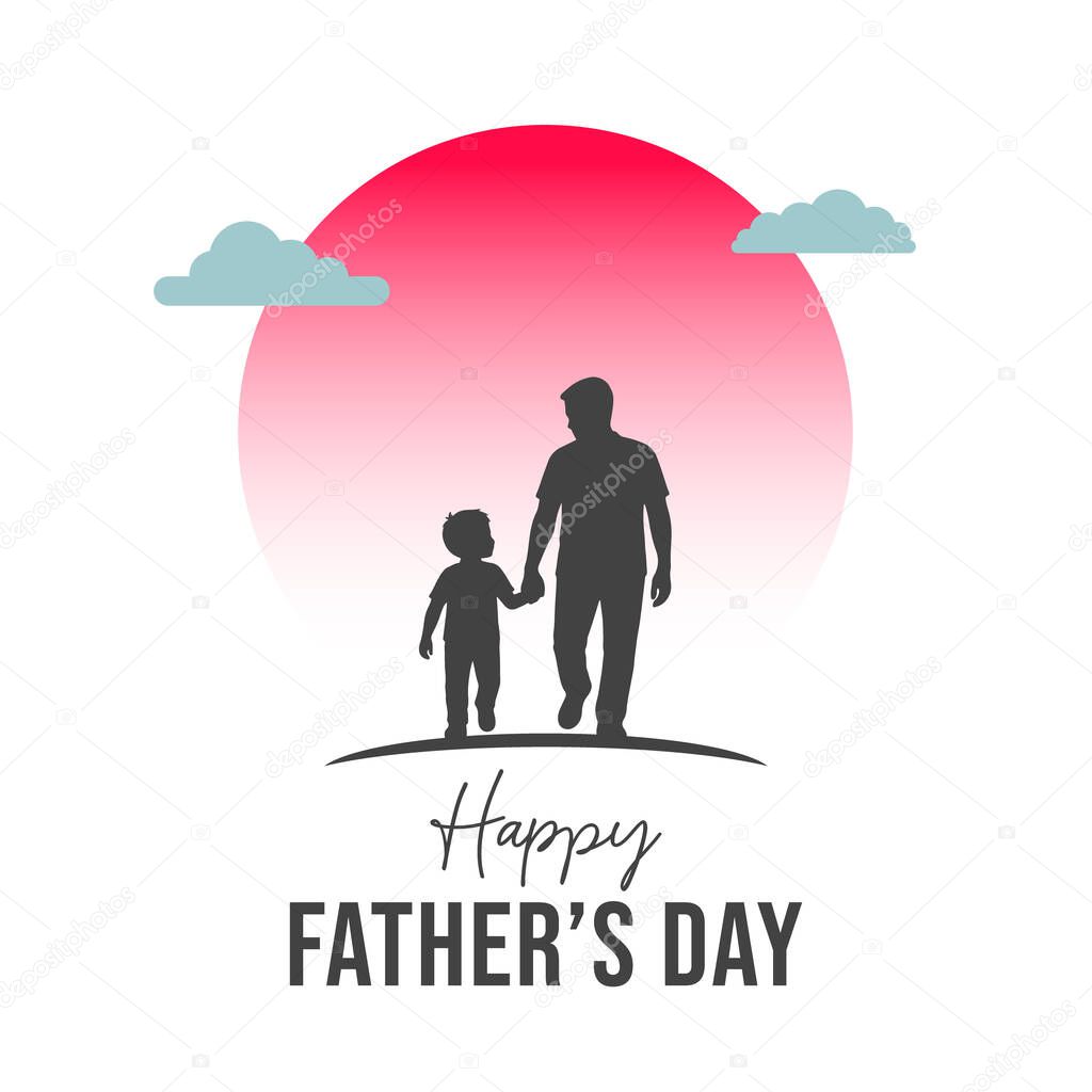 Happy Fathers Day with a father and child silhouette on a sunset illustration background