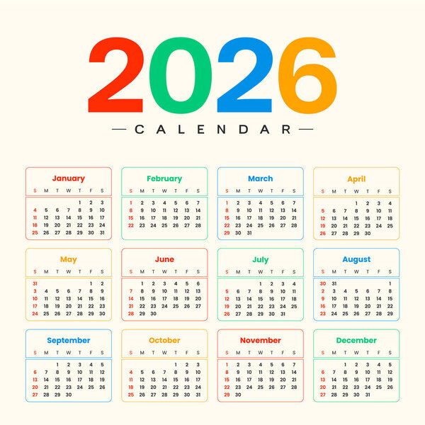 Colorful 2026 printable calendar template with monthly layout for yearly planning