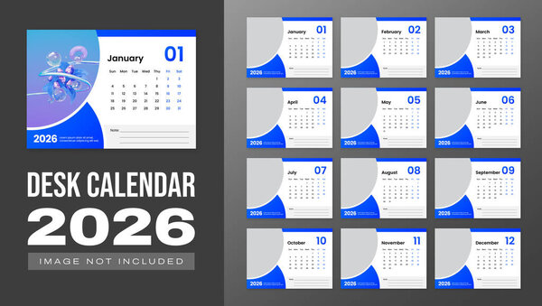 Desk Calendar Template 2026. New Year 2026 table calendar. Template for annual calendar 2026. The week starts on Sunday. Minimalist desk calendar 2026 template