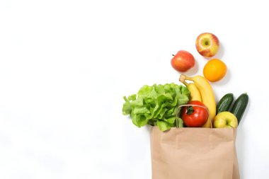 bag of fruits on white background with space for text