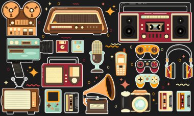 Geçmişe dönük elementler, 90 'ların tarzında etiketler. Eski elektronik eşyalar, cep telefonları, müzik çalar, kaset, vinil, aygıtlar