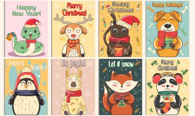 Çizgi film tarzında Noel Hayvanları posterleri. Yeni yıl, yılan, geyik, kedi, köpek, penguen, alpaka, tilki, pand. Tatil sezonluk vektör kartpostalları eski moda tarzında. Duvar ve yazdırma için resim