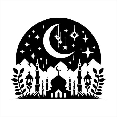 Ramazan Kareem Logosu: Hilal ve Siyah Cami Silueti ile Fenerler