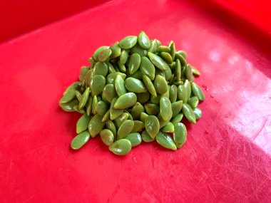 Leucaena leucocephala 'ya yakın dur ya da kırmızı arka planda mlanding yap. İnsanlar bunu lezzetli bir yemek ya da yüksek antioksidanından dolayı ilaç olarak kullanırlar.