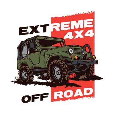Vektör illüstrasyonunda off road aracı off road etkinliği, kulüp logosu ve tişört tasarımı için mükemmel.