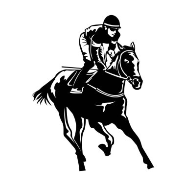 Bir jokey, bir yarış kulübü logosu, ahır ve antrenman için uygun olduğu kadar at yarışı etkinlikleri için atıyla yarışıyor.