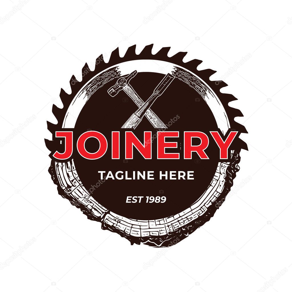 Chain saw and wood illustration, perfect for Joinery logo design