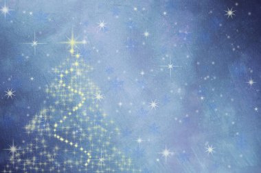 Mutlu Noeller ve mutlu yıllar kartı. Kar taneleri, daireler ve yıldızlarla dolu bir Noel arkaplanı. Arkaplanda 