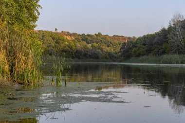 Şafakta nehir ve ormanın olduğu güzel sonbahar manzarası.