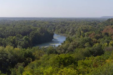 Tepenin tepesinden nehrin güzel manzarası. Bir sonbahar sabahı bir nehir ve dik bir kıyıya sahip bir manzara..