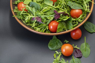 Sağlıklı beslenme. Gri arkaplanda ıspanaklı, domatesli ve roka soslu taze salata..