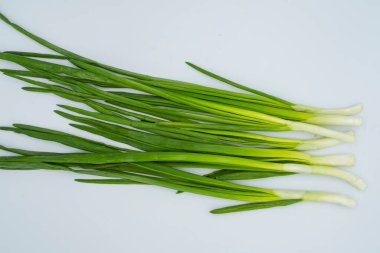 Beyaz arka planda taze taze soğan. Sağlıklı yemek..