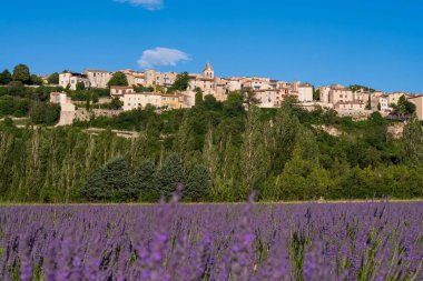 Provence bölgesindeki eski bir kasaba. Fransa 'nın güneyindeki bir ortaçağ dağ köyünün manzarası. Güzel manzara. Ortaçağ mimarisi.