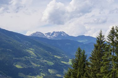 Avusturya 'nın dağ manzarası. Dağların ve yemyeşil otların güzel manzarası..