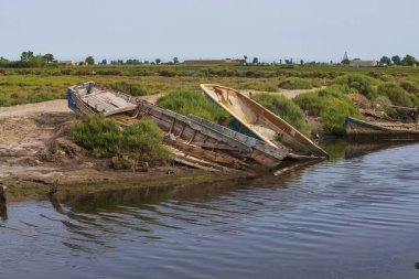 fishing boats in the sea. Abandoned old wooden fishing boats on the shore of a sea bay