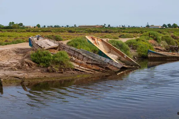 fishing boats in the sea. Abandoned old wooden fishing boats on the shore of a sea bay