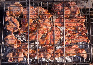 Ev yapımı ızgaranın üstünde ızgara pişirme işlemi. Domuz şiş kebap. Ateşte et pişiriyorum..