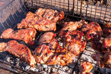 Izgarada ızgarada kızartılmış domuz eti. Ateşin üstünde et.