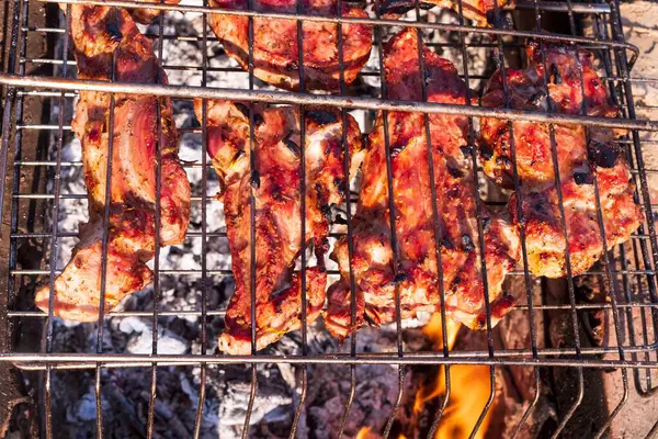 Izgarada ızgarada kızartılmış domuz eti. Ateşin üstünde et.