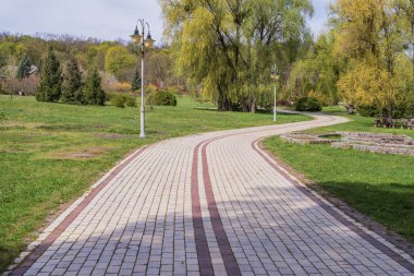 Güzel Feofaniya Parkı 'nda, baharda filizlenen ve açan ağaçların arasında dolambaçlı bir yol..