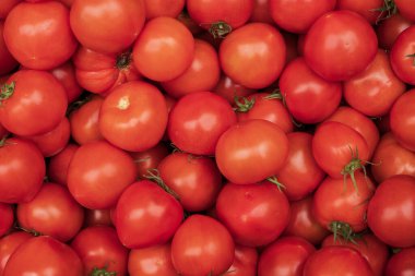 Atina 'daki çiftçi pazarındaki tezgahta duran taze kırmızı kiraz domatesleri. Organik arka plan.