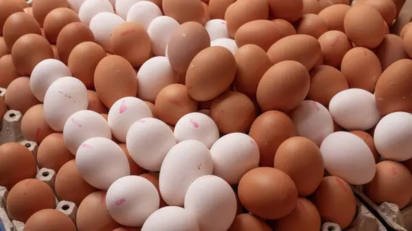 Tezgahta taze beyaz ve kahverengi tavuk yumurtaları - üst görünüm, doğal ürün, organik gıda, arka plan