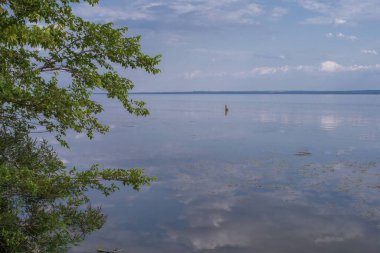 Sakin nehir manzarası yumuşak akşam ışığı ve bulutlar suda yansıyor.