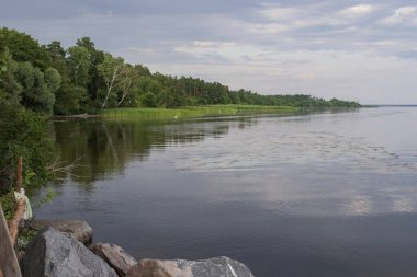 Yazın ormanlık ve bulutlu gökyüzü ile sakin nehir manzarası