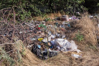 Plastik şişeler, torbalar ve inşaat atıklarıyla ormanda yasadışı çöplük..