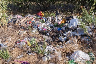 Plastik şişeler, torbalar ve inşaat atıklarıyla ormanda yasadışı çöplük..