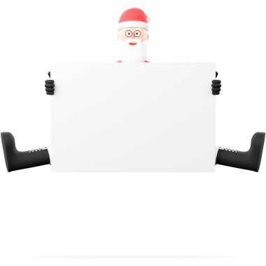 Gülen Noel Baba 'nın üç boyutlu karikatür karakteri beyaz boş bir tahtanın yanında mutlu bir şekilde zıplıyor. Beyaz bir arkaplanda izole edilmiş.