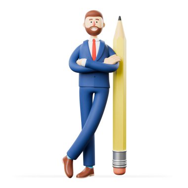 Büyük kalem ve beyaz arkaplanı olan iş adamı çizgi film karakterinin üç boyutlu çizimi.