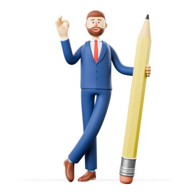 Gülümseyen bir iş adamının büyük bir kalem tutmasının ve beyaz arka planda iyi bir hareket sergilemesinin üç boyutlu bir çizimi.