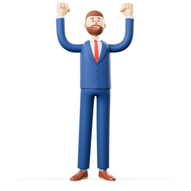 Üç boyutlu resimde ayakta duran mutlu bir adam ellerini kaldırıyor. Başarıyı kutlayan sakallı bir iş adamının karikatürü..