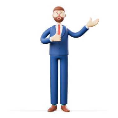 Gülümseyen sakallı iş adamının üç boyutlu resmi. Beyaz arka planda duruyor, avuç içini gösteriyor ve baş parmaklarıyla iyi bir hareket yapıyor. Mutlu ve neşeli gülümsüyor..