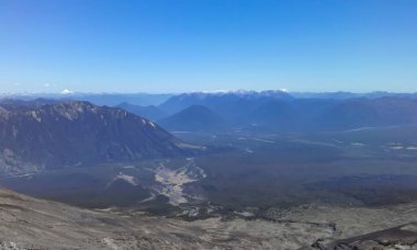 Derin mavi bir göl, yuvarlanan tepeler ve volkanik bir manzaranın zirvesinden yakalanmış karla kaplı uzak bir dağ, nefes kesici bir hava manzarası.