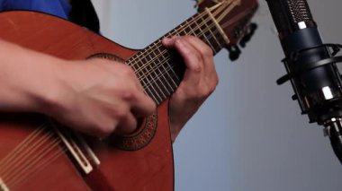 Geleneksel bir And teli enstrümanı olan Kolombiya Bandolası 'nı çalan ellerin yakın çekimi.