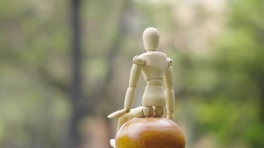 Yuvarlak bir yüzey üzerinde oturan tahta poz verilebilir bir mankenin arka görünüşü bulanık doğal bir arka plana sahip..