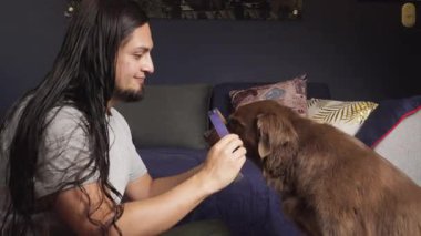 Kahverengi köpeğine mor bir tasma takmaya hazırlanan gülümseyen bir adam. Yastıklı ve koyu renkli duvarlı rahat bir ev ortamında..