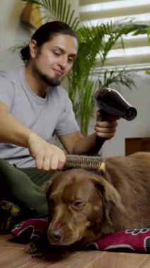 Gülümseyen adam dikkatlice kurutur ve içeride sakin bir kahverengi köpeği fırçalar, sıcak ve şefkatli bir bakım anı yaratır..