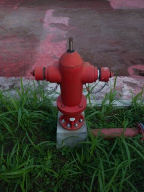 Yolun kenarında kırmızı bir itfaiye musluğu çimenli bir alanda duruyor. Acil durumlarda yangını söndürmeye yarayan bir araç.