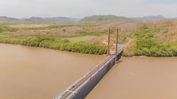 Hava aracı görünümünden manzara süspansiyon köprüsünde trafik hareket ediyor