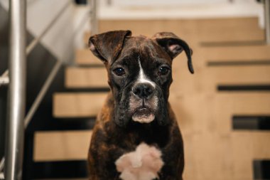 Brindle Boksör Yavrusu Salon Tahta Merdivenlerinde Oturuyor