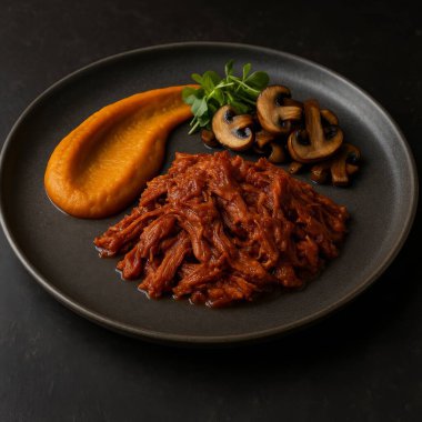 Öğütülmüş Cochinita Pibil yanında patates püresi, sotelenmiş mantar ve...