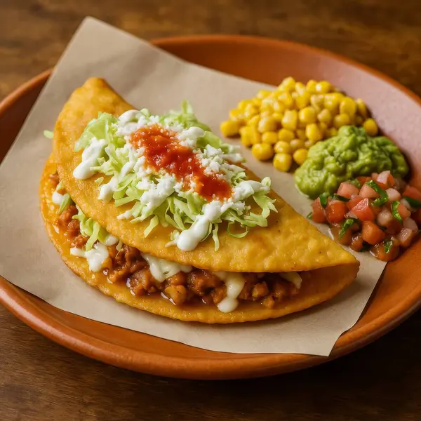 Et ve peynirle dolu kızarmış quesadilla, marul, salsa sosu ve mısır ve pico de gallo ile kaplı.