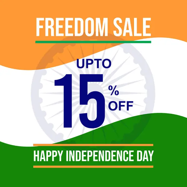 stock image Freedom sale upto 15% off discount banner design with Indian flag and dharma chakra in background. Happy Independence Day fifteen of August India national holiday vector illustration