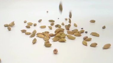 Green cardamom pods falling on clean white background in the center frame, close up, herbs and spices