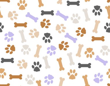 Beyaz arka planda kusursuz renkli köpek pençeleri ve kemik desenleri. Şirin köpekli çocuk dokusu. Basit evcil köpekler vektör illüstrasyonu