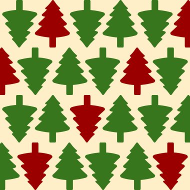 Noel ağacı desenli tasarım. Noel, açık pembe bej arka planda yeşil ve kırmızı renkli yeni yıl tasarımı ağaçlar. vektör illüstrasyonu