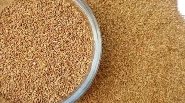 Çemberin yarısı şeklindeki Anise tohumları etrafa saçıldı, çerçevenin sol yarısı, dönüşümlü, beyaz arka plan, yakın plan, bitkiler ve baharatlar..